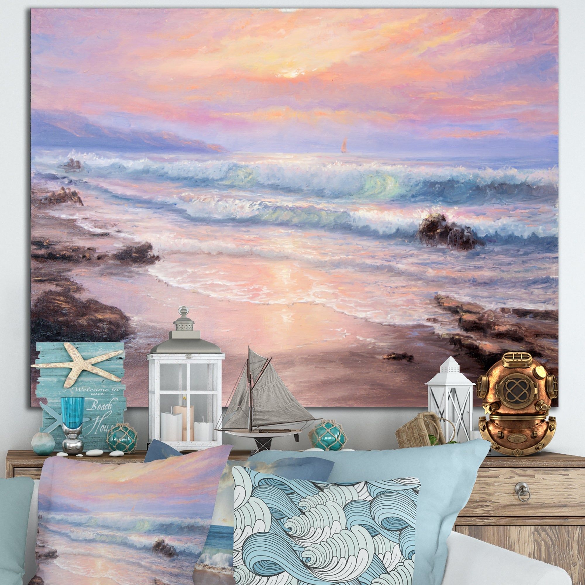 Designart 'Pastel Purple Sunset Over Incoming Ocean I' Nautical &  Coastal Canvas Wall Art Print – Overstock – 32364267 Intended For Pastel Sunset Wall Art (View 9 of 15)