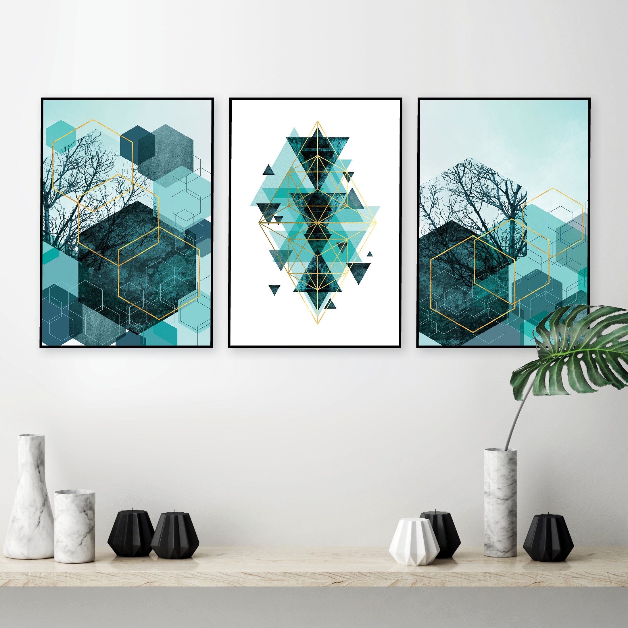 Digital Download Set Of 3 Matching Prints Teal Turquoise – Etsy For Teal Hexagons Wall Art (View 4 of 15)