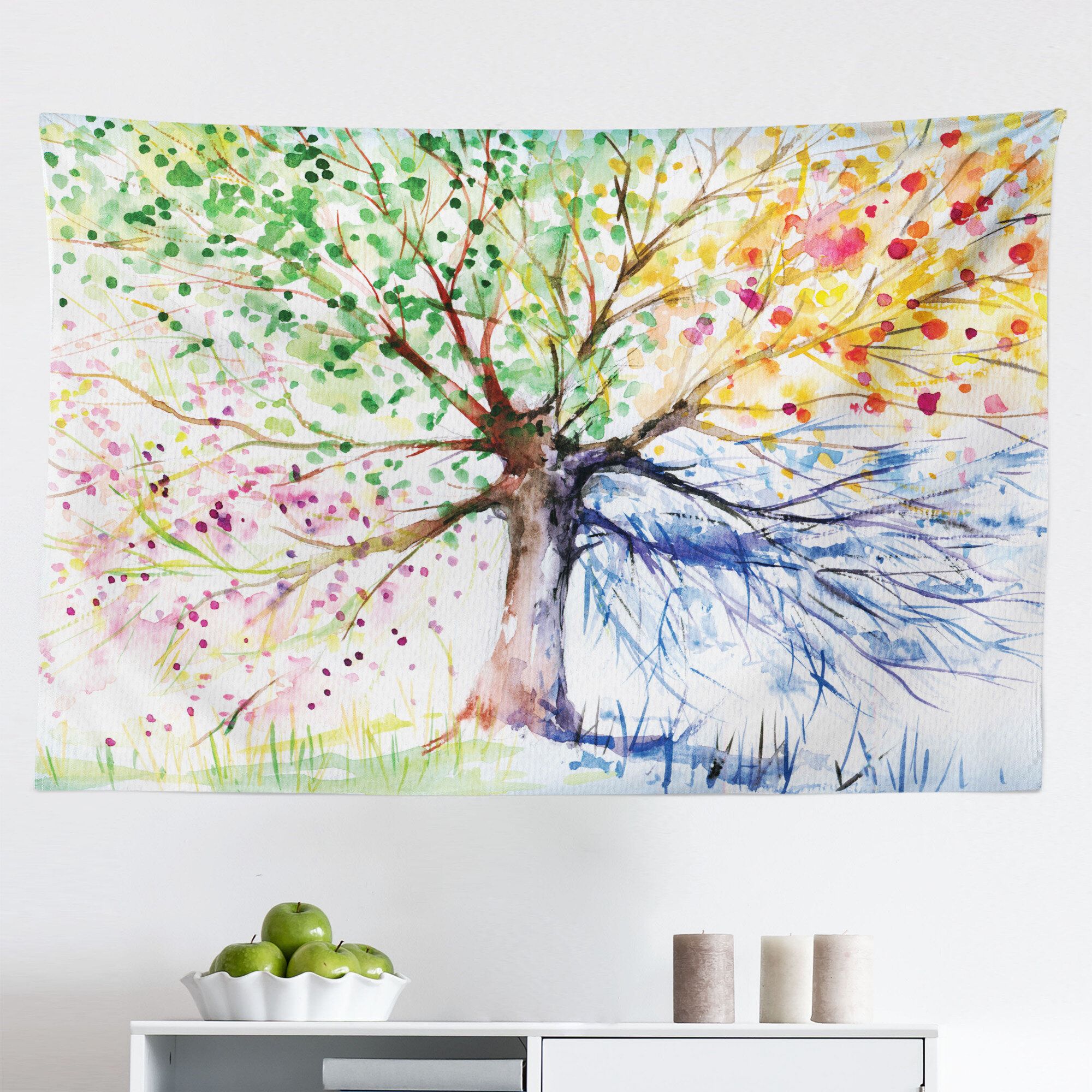 East Urban Home Tree Tapestry, Watercolor Nature Colorful Blooming Branches  4 Seasons Themed Illustration Print, Fabric Wall Hanging Decor For Bedroom  Living Room Dorm, 45" X 30", Multicolor | Wayfair In Colorful Branching Wall Art (View 11 of 15)