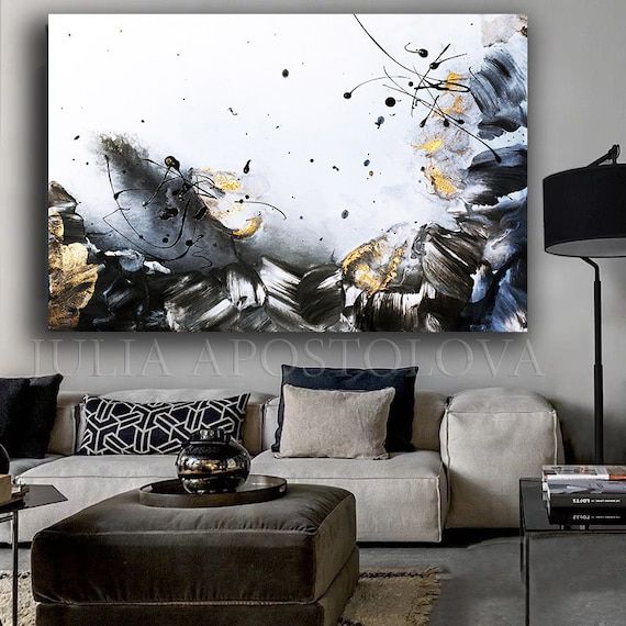 Extra Large Wall Art Gold Leaf Painting Black White Wall Art – Etsy France Throughout Golden Wall Art (View 5 of 15)