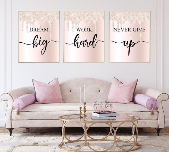 Glitter Pink Work Hard Dream Big Never Give Up 3 Pc Set – Etsy France Intended For Glitter Pink Wall Art (View 2 of 15)