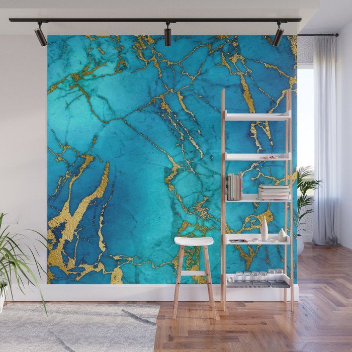 Gold And Teal Blue Indigo Malachite Marble Wall Muralutart | Society6 Throughout Gold And Teal Wood Wall Art (View 4 of 15)
