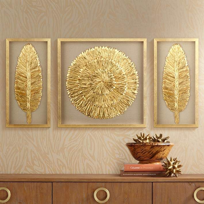 Golden Feathers 31 1/2" High Wall Art Set Of 3 – #1J646 | Lamps Plus |  Каркасная Стена, Настенный Художественный Декор, Идеи Для Украшения With Golden Wall Art (View 8 of 15)
