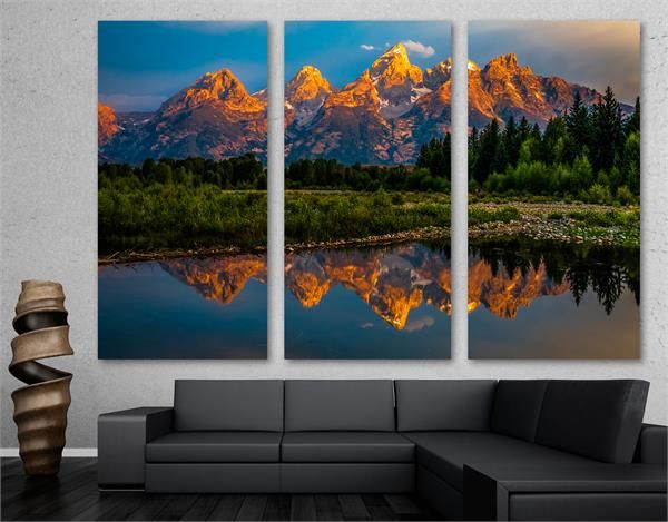 Grand Teton Mountains Canvas Print Wall Art 3 Panel Split, Triptych | Canvas  Quest Throughout Mountains Wall Art (View 13 of 15)