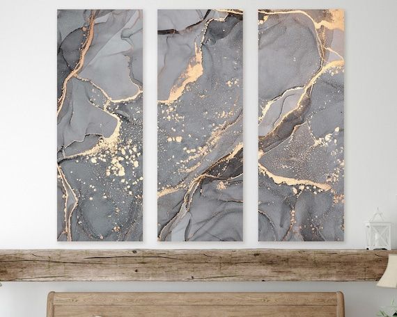 Grey Marble Canvas Wall Art Gold Et Grey Wall Art Oil Art Wall – Etsy France Within Golden Wall Art (View 15 of 15)