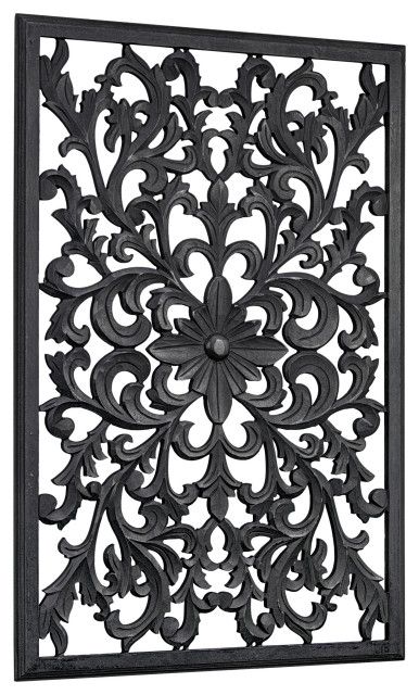 Hand Carved Floral Wood Medallion Wall Art, Black, 36"X24" – Traditional –  Wall Accents  American Art Decor, Inc (View 9 of 15)