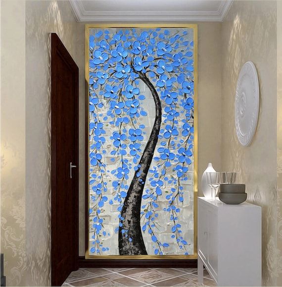 Hand Painted Light Blue Flower Tree Wall Art Picture For – Etsy Within Hand Drawn Wall Art (View 12 of 15)