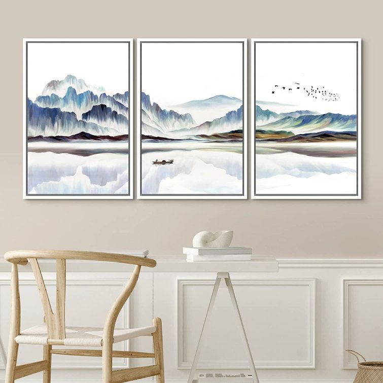 Idea4Wall Framed Wall Art Print Set Watercolor Mountain Lake Landscape With  Boat Nature Wilderness Illustrations Modern Art Rustic Colorful Pastel For  Living Room, Bedroom, Office – 3 Piece Floater Frame Print On With Regard To Mountain Lake Wall Art (View 6 of 15)