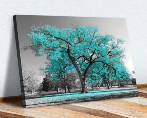 Large Tree Teal Turquoise Leaves Black White Canvas Wall Art Picture Print  | Ebay In Dark Teal Wood Wall Art (View 13 of 15)