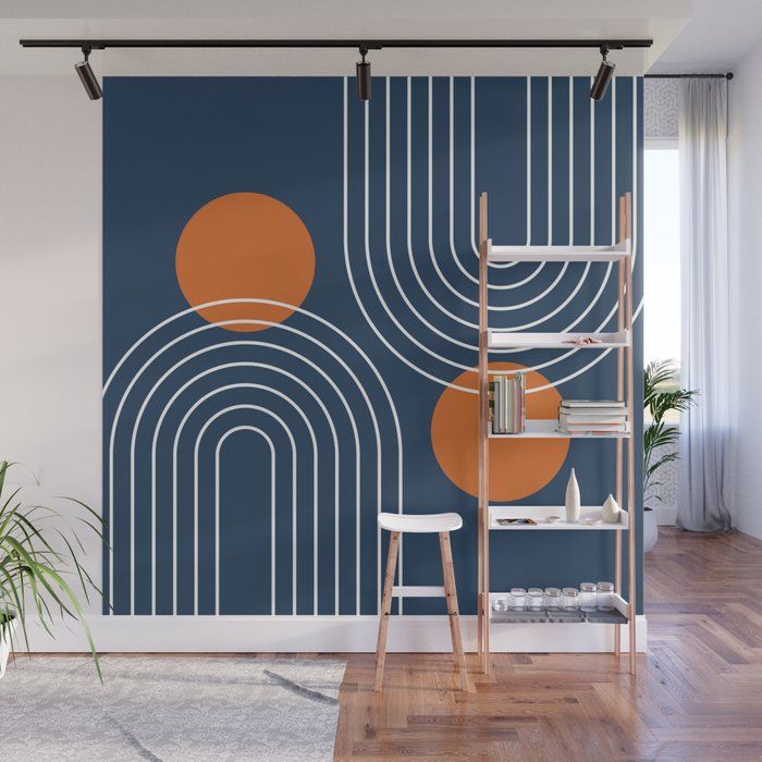 Mid Century Modern Geometric 83 In Navy Blue And Orange (Rainbow And Sun  Abstraction) Wall Muralnineflorals | Society6 Regarding Sun Abstraction Wall Art (View 12 of 15)