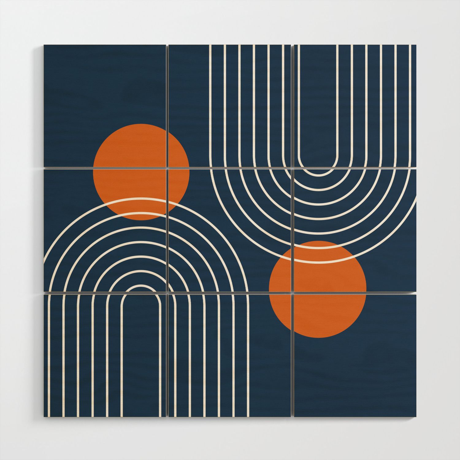 Mid Century Modern Geometric 83 In Navy Blue And Orange (Rainbow And Sun  Abstraction) Wood Wall Artnineflorals | Society6 In Sun Abstraction Wall Art (View 4 of 15)