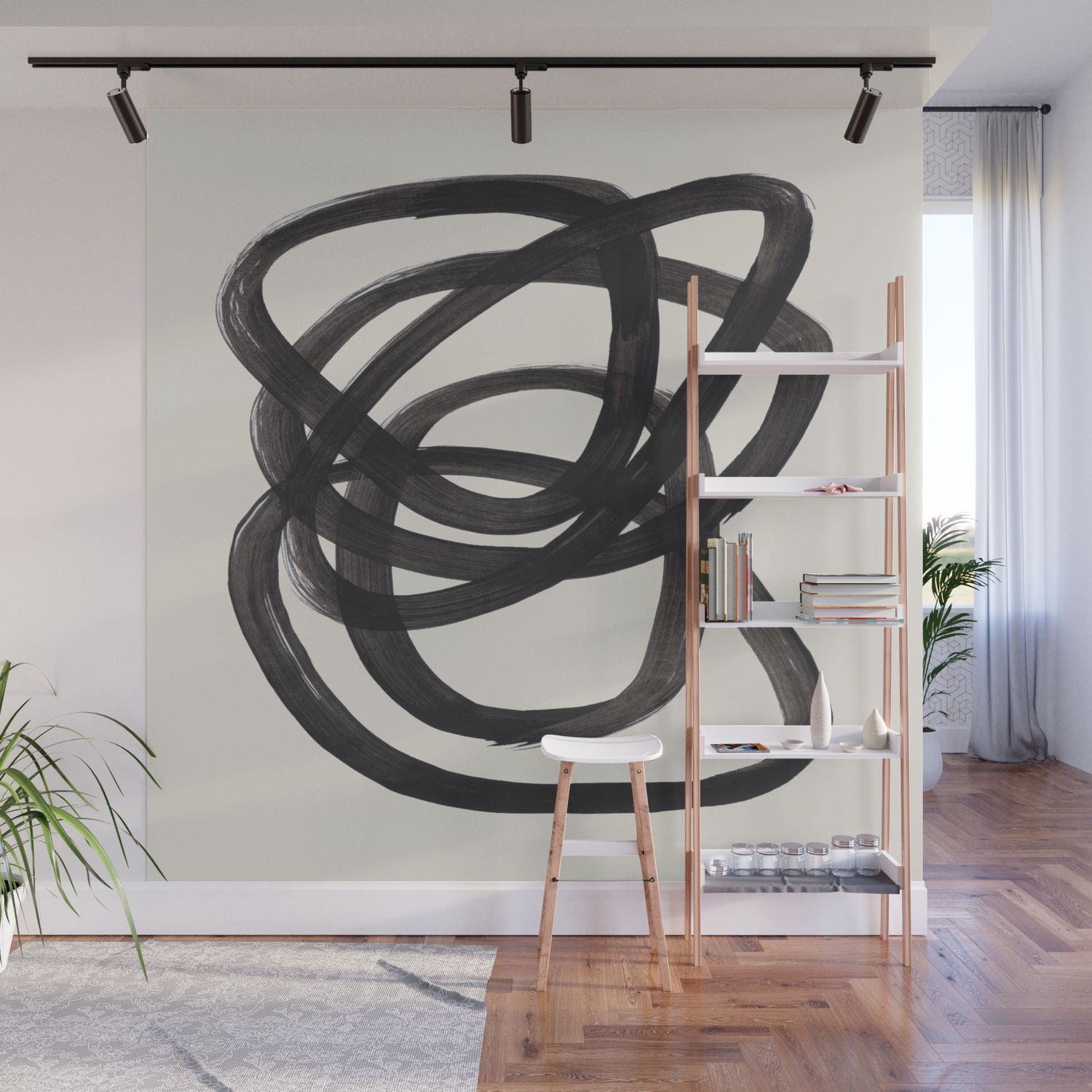 Mid Century Modern Minimalist Abstract Art Brush Strokes Black & White Ink Art  Spiral Circles Wall Muralenshape | Society6 Within Spiral Circles Wall Art (View 15 of 15)