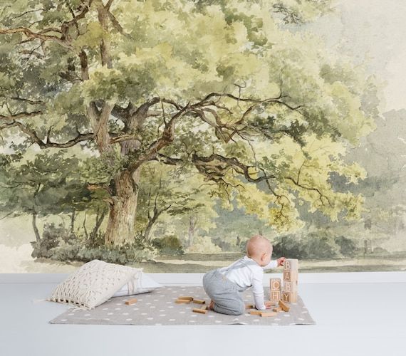 Near The Big Tree Wall Mural Vintage Wallpaper Hand Painted – Etsy Pertaining To Hand Drawn Wall Art (View 7 of 15)