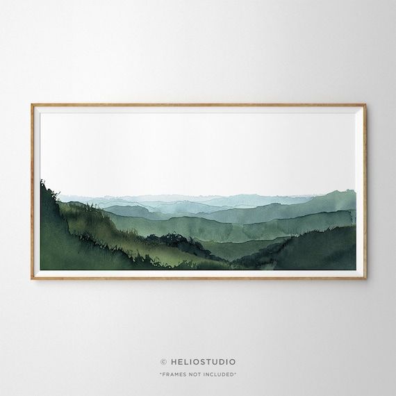 Panoramic Blue Green Mountain Valley Watercolour Art Print (View 5 of 15)