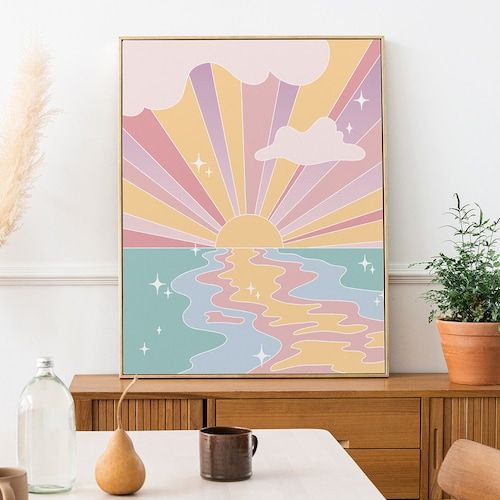 Pastel Sunset Poster Aesthetic Poster Sun Rays Beach Print – Etsy For Pastel Sunset Wall Art (View 3 of 15)