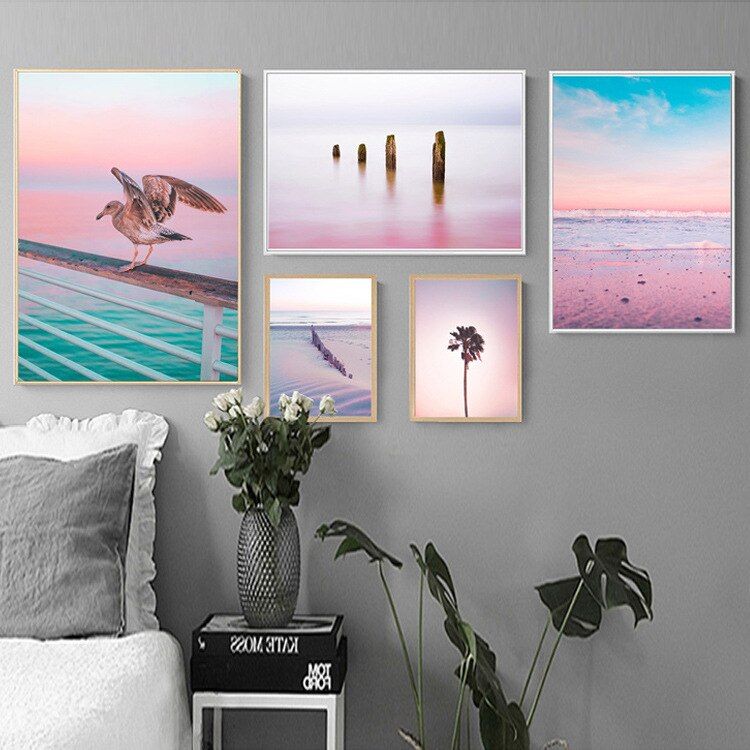 Pink Sky Ocean Landscape Home Decor Wall Art Posters With Pink Sky Wall Art (View 13 of 15)