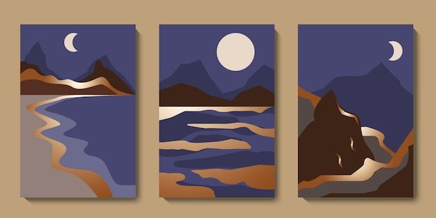 Premium Vector | Minimalist Abstract Gold Landscape Wall Art Set Mid  Century Mountains Luxury Background Collection Intended For Minimalist Landscape Wall Art (View 13 of 15)