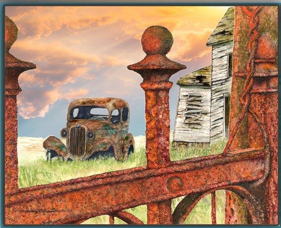 Rusty Fence Old Abandon Car Wall Art Print Rust Orange Yellow – Etsy Throughout Vintage Rust Wall Art (View 3 of 15)