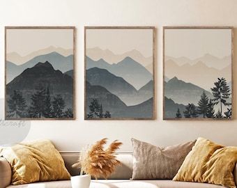 Set Di Stampe Astratte Di Montagna Di 3 Minimale Blu – Etsy Italia Intended For Mountains Wall Art (View 2 of 15)