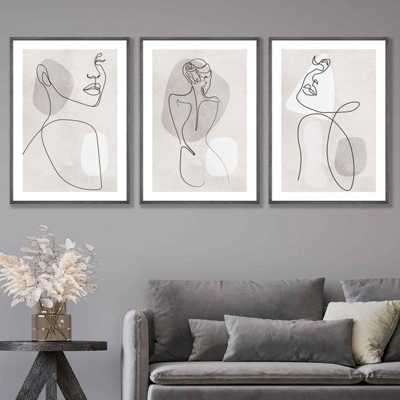 Set Of 3 Abstract Wall Art Grey And Beige Female Line Art – Etsy In Female Wall Art (View 10 of 15)