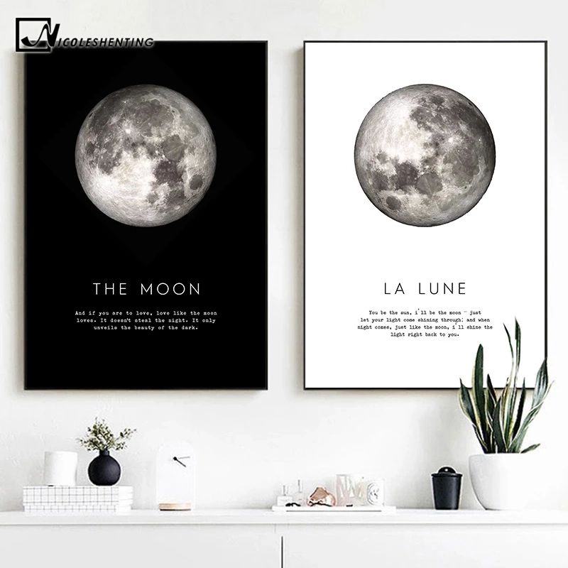 The Moon Quotes Canvas Poster Black White Wall Art Print Planet Painting  Decorative Picture Modern Home Living Room Decoration|Painting &  Calligraphy| – Aliexpress Intended For The Moon Wall Art (View 11 of 15)