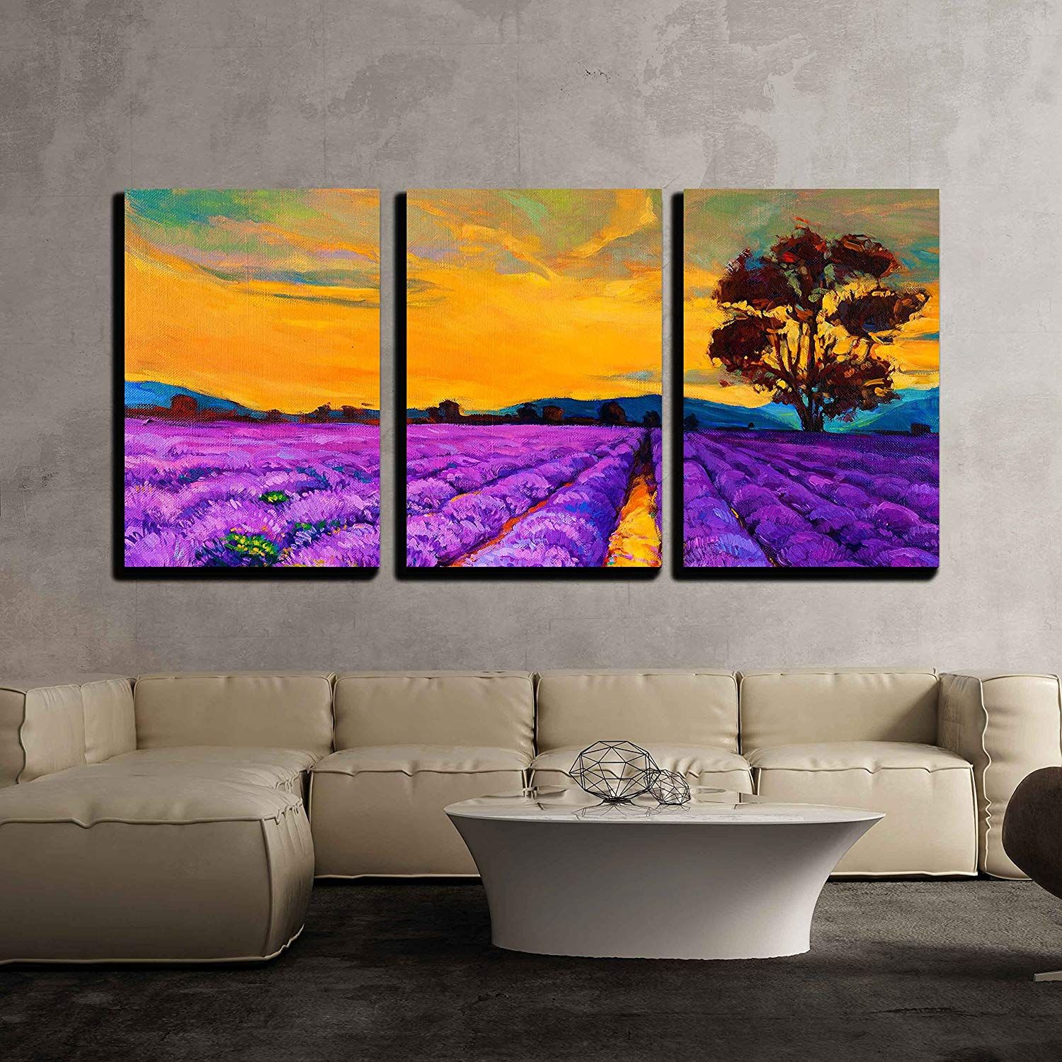 Wall26 3 Piece Canvas Wall Art – Original Oil Painting Of Lavender Fields  On Canvas.sunset Landscape (View 8 of 15)