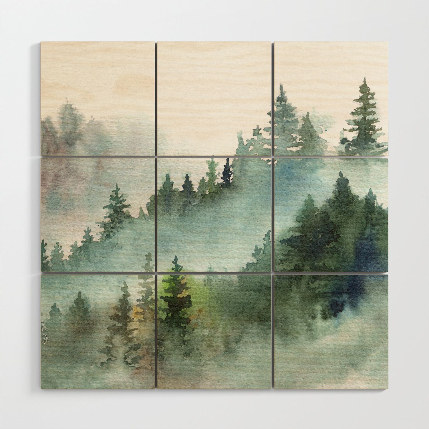 Watercolor Pine Forest Mountains In The Fog Wood Wall Arttaranealarts |  Society6 With Pine Forest Wall Art (View 13 of 15)