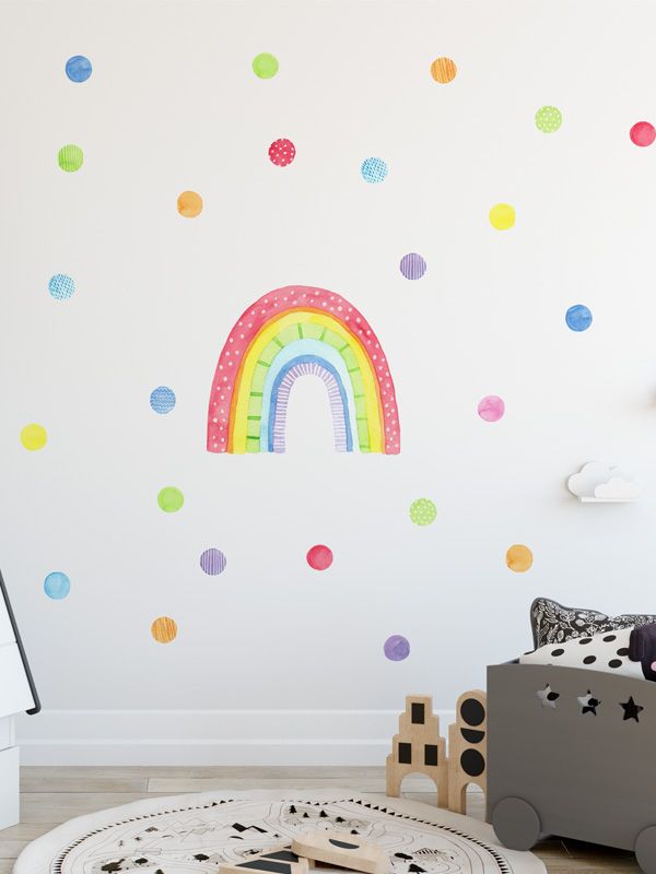 Watercolor Rainbow And Polka Dots Wall Decals – Decobeez Inside Dots Wall Art (View 8 of 15)