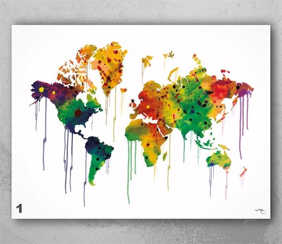 Watercolor World Map Print Wall Art Poster Wedding Gift Travel – Etsy Italia Throughout Watercolor Wall Art (View 2 of 15)