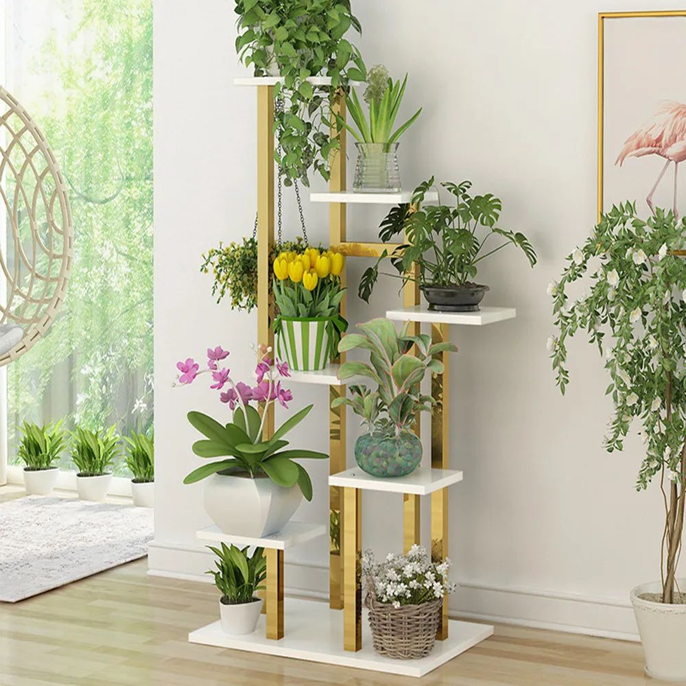 1200Mm Modern Ladder 7 Tiered Plant Stand In Gold & White Homary For White Plant Stands (View 11 of 15)