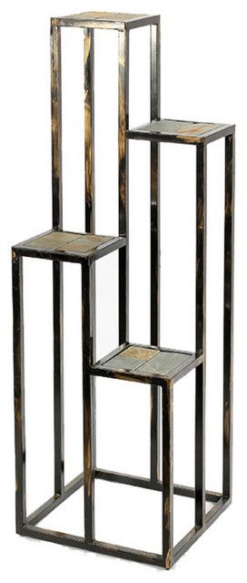 4 Tier Cast Iron Frame Plant Stand With Stone Topping, Black And Gold –  Industrial – Plant Stands And Telephone Tables  Uber Bazaar | Houzz For Industrial Plant Stands (View 9 of 15)