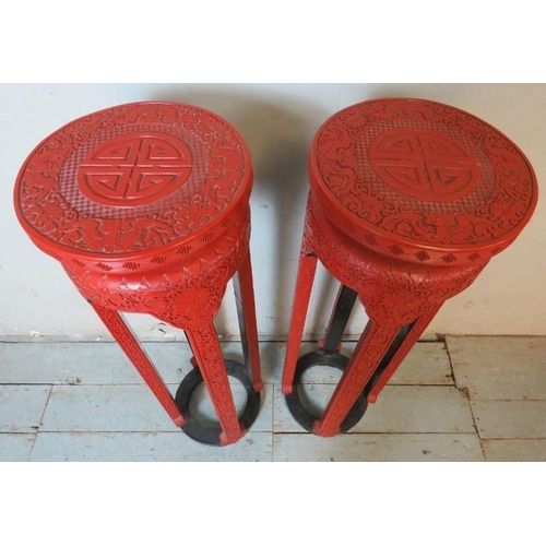 A Pair Of Early 20Th Century Chinese Red Lacquer Plant Stands, Ornately  Carved With Geometric Patter Regarding Red Plant Stands (View 10 of 15)