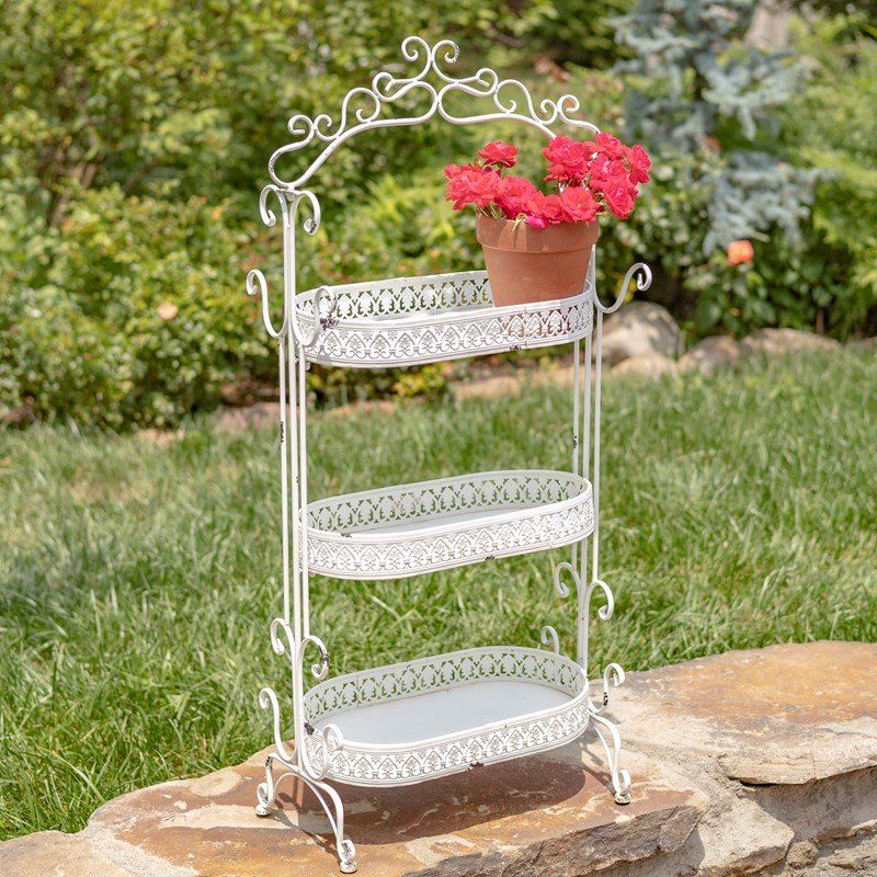 Antique White Or Antique Grey Metal Three Tier Plant Stand — Museum Outlets Inside Ancient Grey Plant Stands (View 2 of 15)