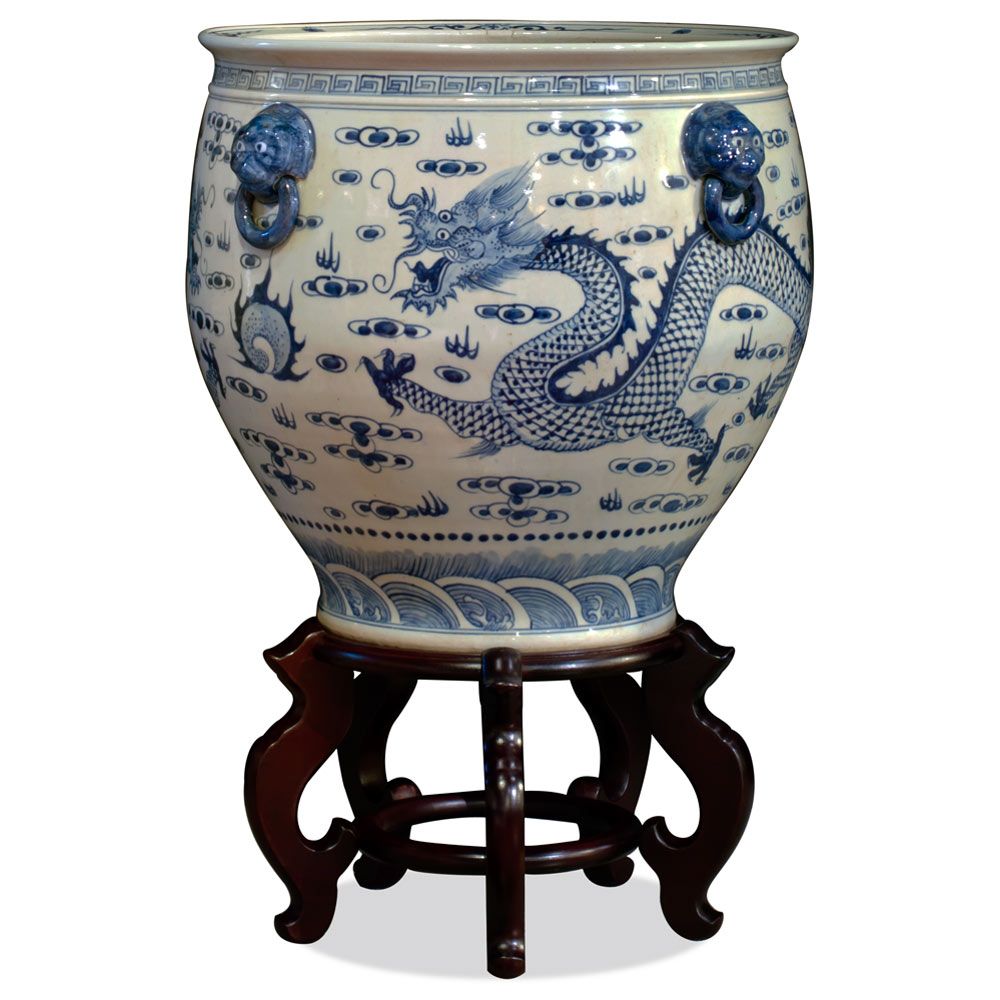 Blue And White Porcelain Dragon Fishbowl With Fishbowl Plant Stands (View 13 of 15)