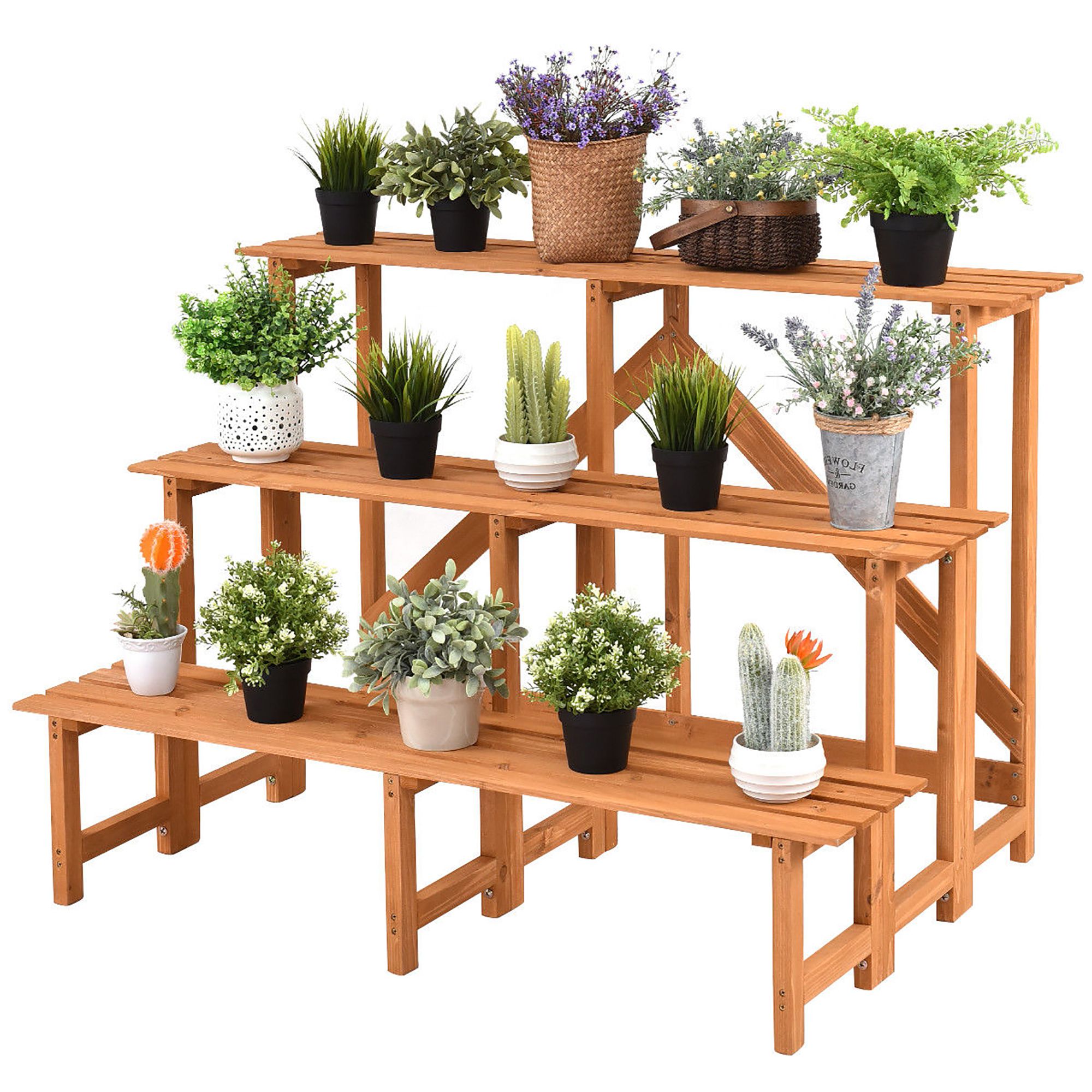 Costway 3 Tier Wide Wood Plant Stand Flower Pot Holder Display Rack Shelves  Step Ladder – Walmart For Wide Plant Stands (View 13 of 15)