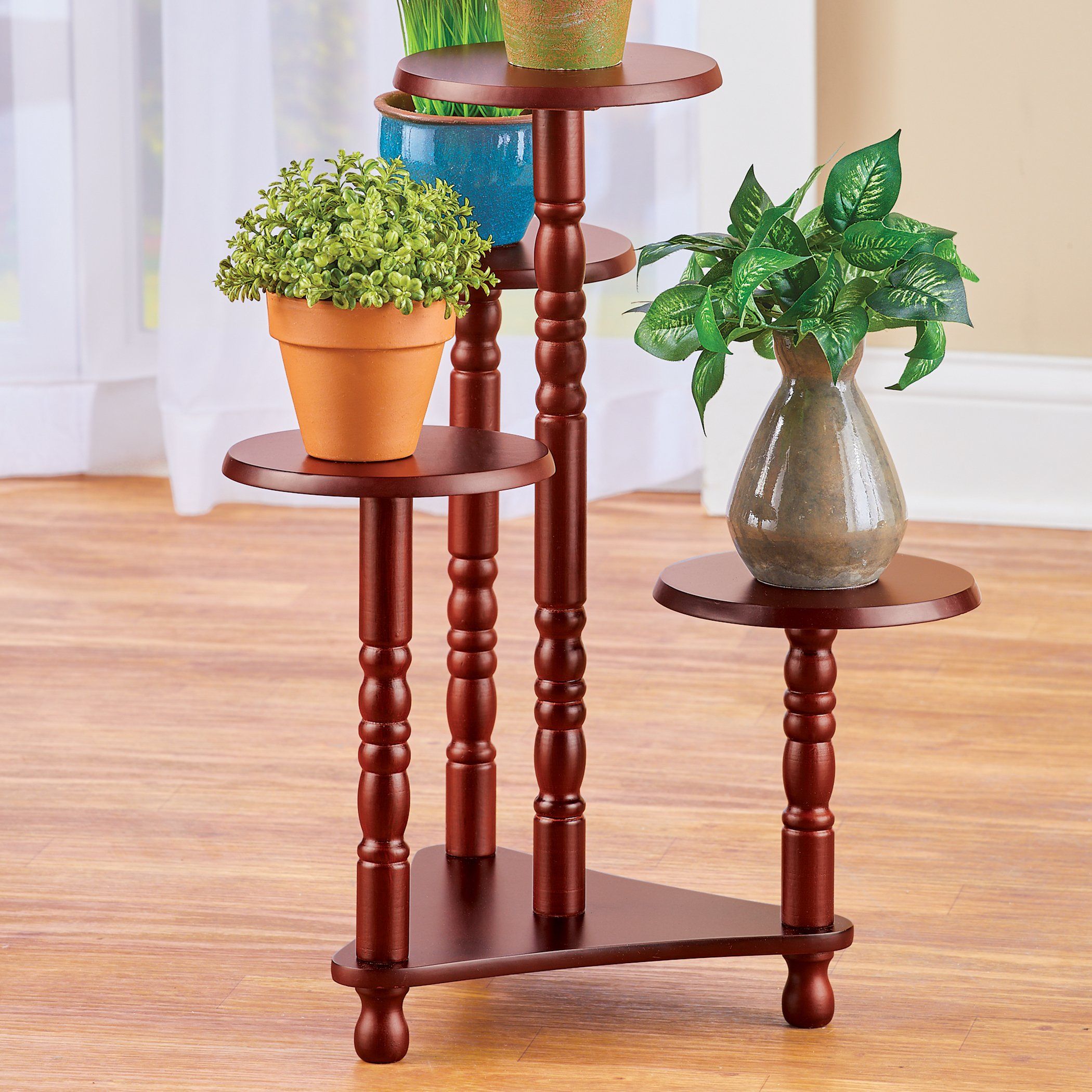 Elegant Four Tier Rich Cherry Finish Wood Plant Stand | Collections Etc (View 2 of 15)