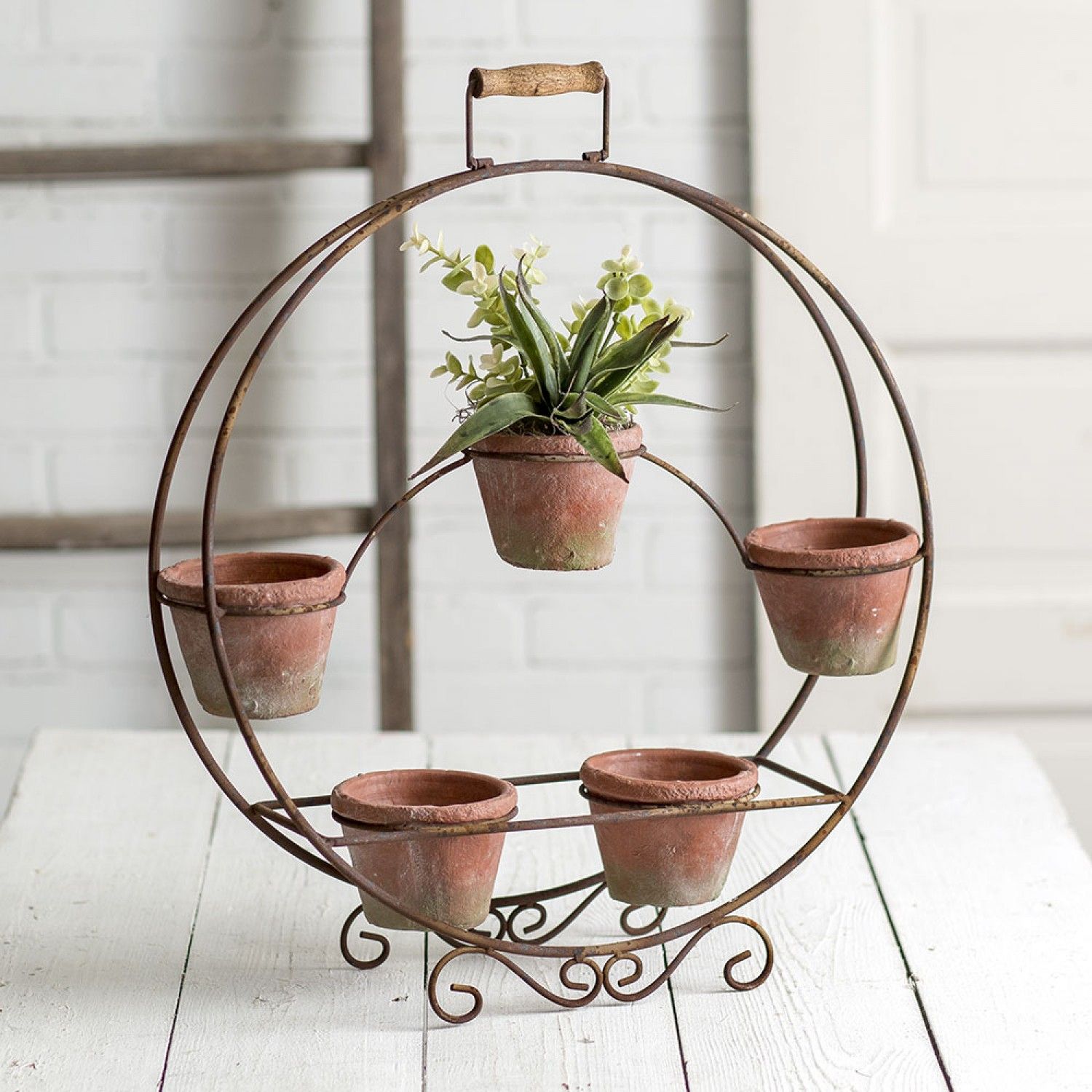 Farmhouse Rustic Round Plant Stand With Terra Cotta Pots With Regard To Round Plant Stands (View 15 of 15)