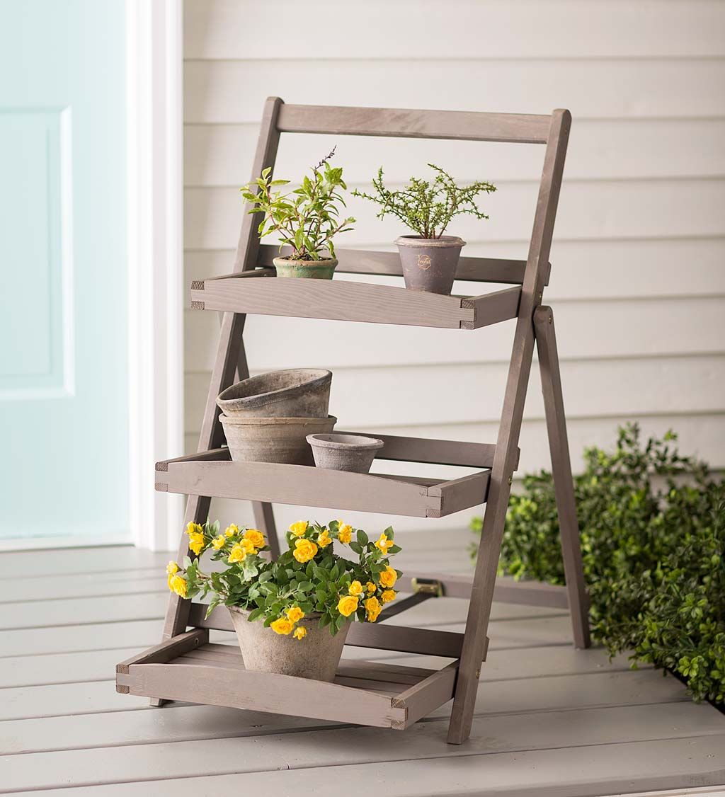 Folding Three Shelf Wooden Plant Stand In Gray Finish | Wind And Weather With Weathered Gray Plant Stands (View 6 of 15)