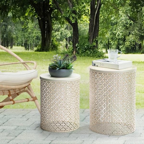 Glitzhome Multi Functional Metal Cream White Garden Stool Or Planter Stand  Or Accent Table Or Side Table (Set Of 2) Gh2003800006 – The Home Depot Inside Plant Stands With Side Table (View 10 of 15)