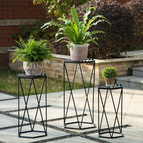 Glitzhome Set Of 3 Modern Hexagon Black Metal Plant Stand 2007200030 – The  Home Depot Regarding Set Of 3 Plant Stands (View 14 of 15)
