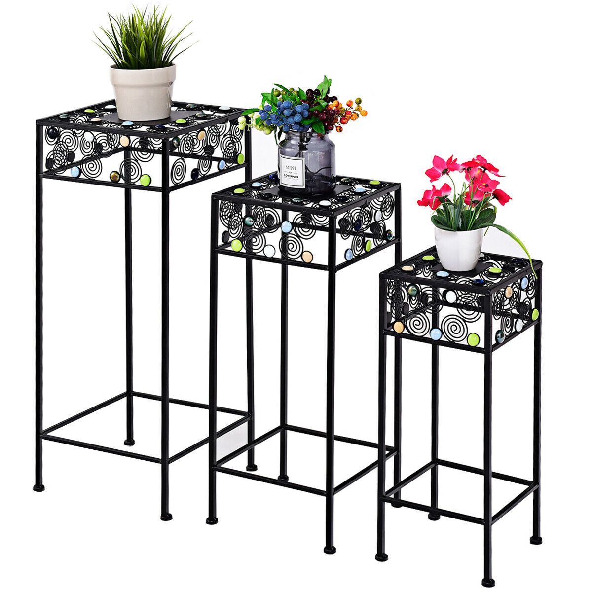Ironwork Pot Plant Stand With Ceramic Beads Decor, A Set Of 3 Different  Sizes – Walmart Pertaining To Iron Square Plant Stands (View 7 of 15)