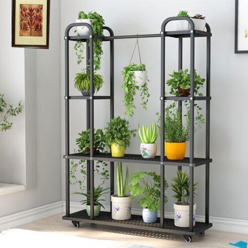 Metal Plant Stand 4 Tier Black Movable With Wheels For Plants Display Rack  | Ebay In Four Tier Metal Plant Stands (View 4 of 15)