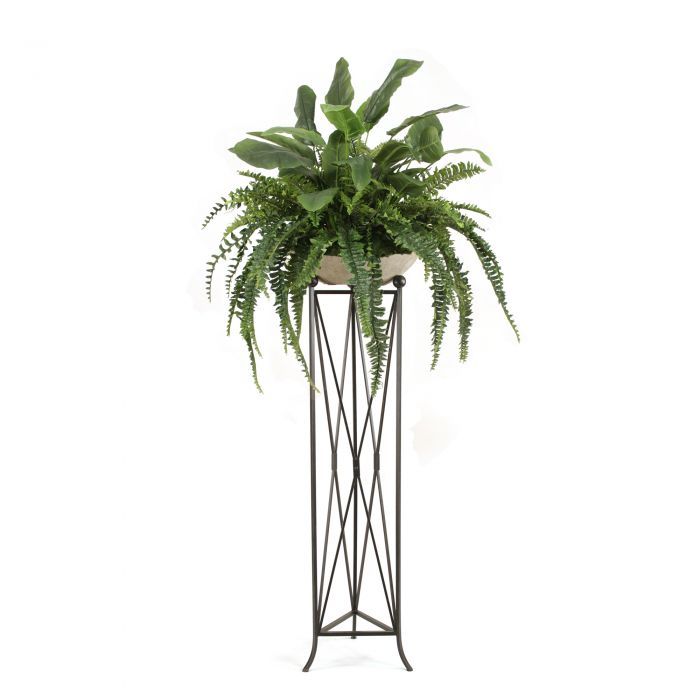 Mixed Greenery With Fern And Bird Of Paradise In Bowl With Tall Plant Stand  – Distinctive Designs Regarding Tall Plant Stands (View 15 of 15)