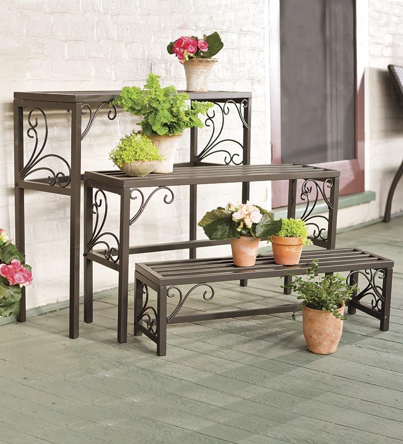 Nesting Metal Plant Stands With Scrollwork, Set Of Three | Plowhearth Throughout Outdoor Plant Stands (View 14 of 15)