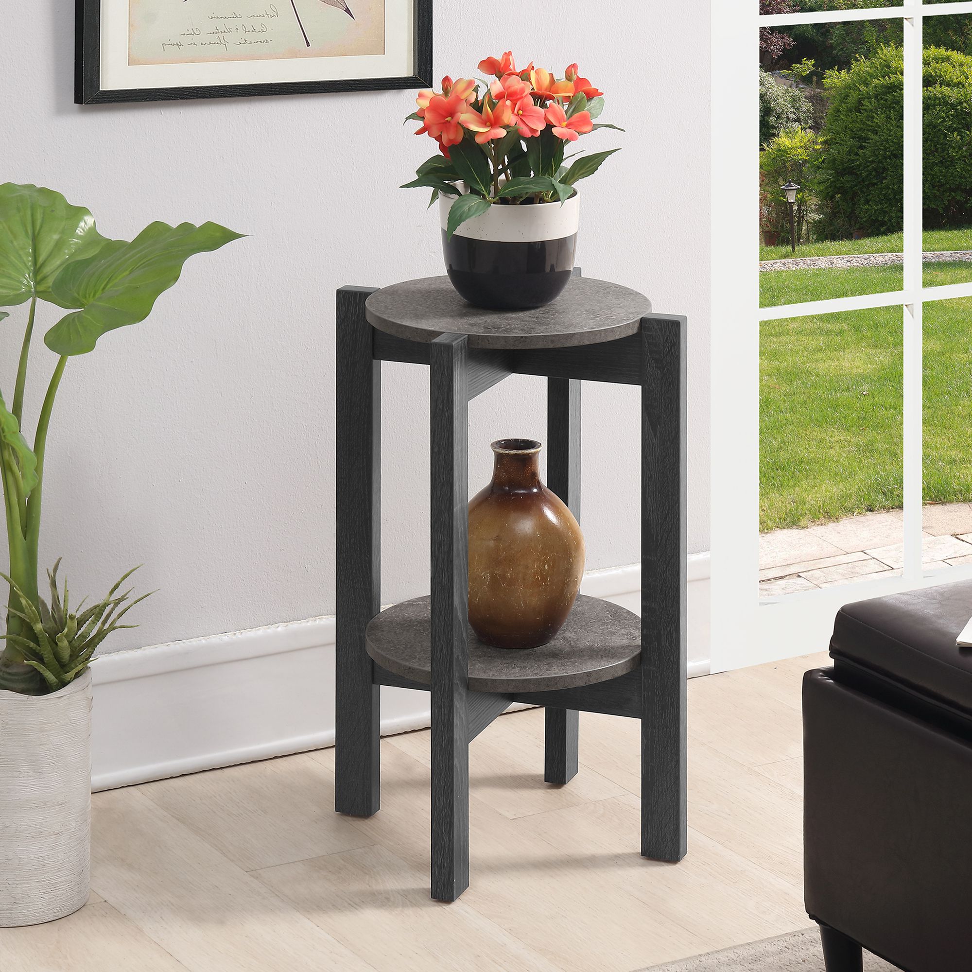 Newport Medium 2 Tier Plant Stand, Faux Cement/Weathered Gray – Walmart Inside Weathered Gray Plant Stands (View 5 of 15)