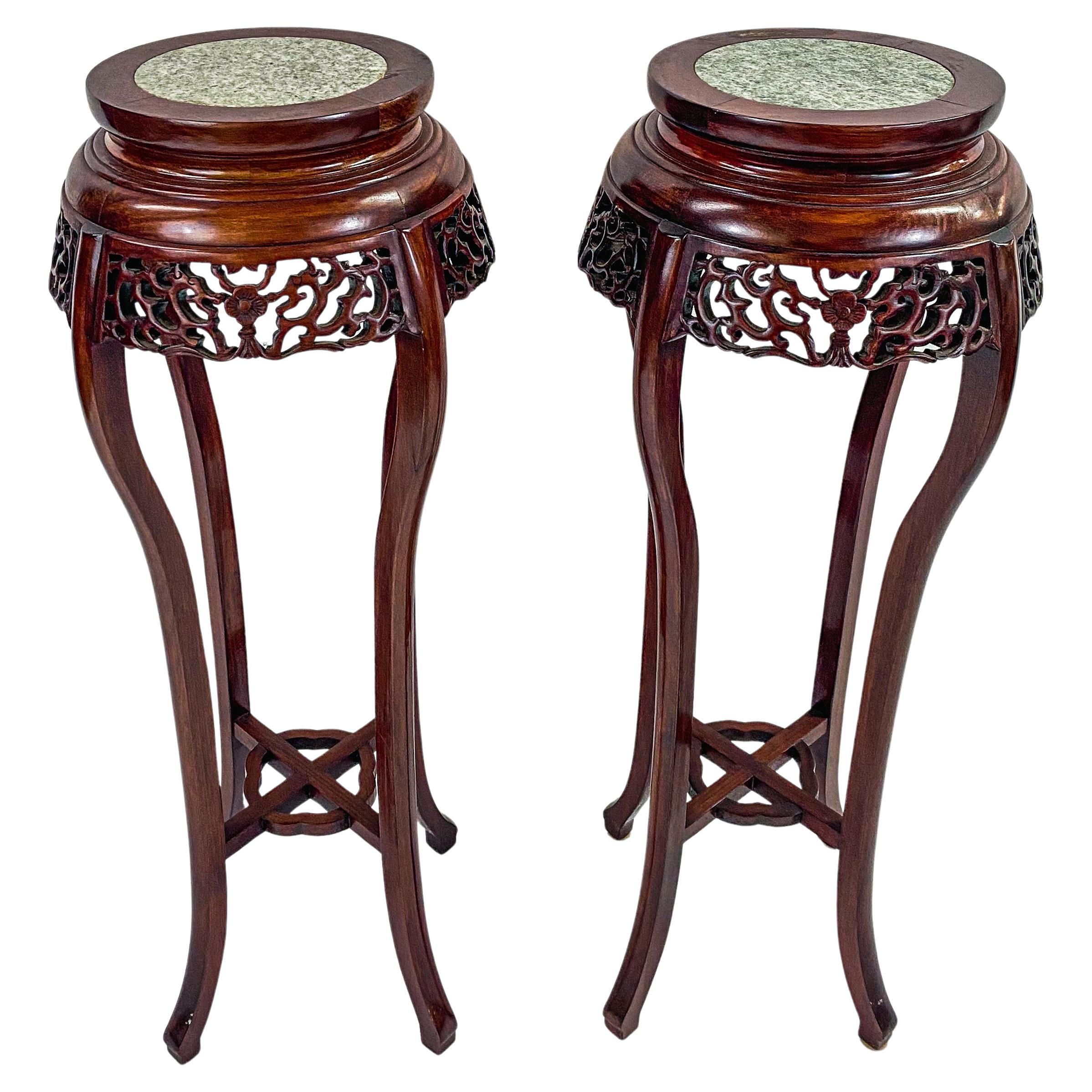 Oriental Chinese Carved Rosewood Pedestal, Plant Stand With Granite Top, A  Pair For Sale At 1Stdibs Regarding Carved Plant Stands (View 6 of 15)