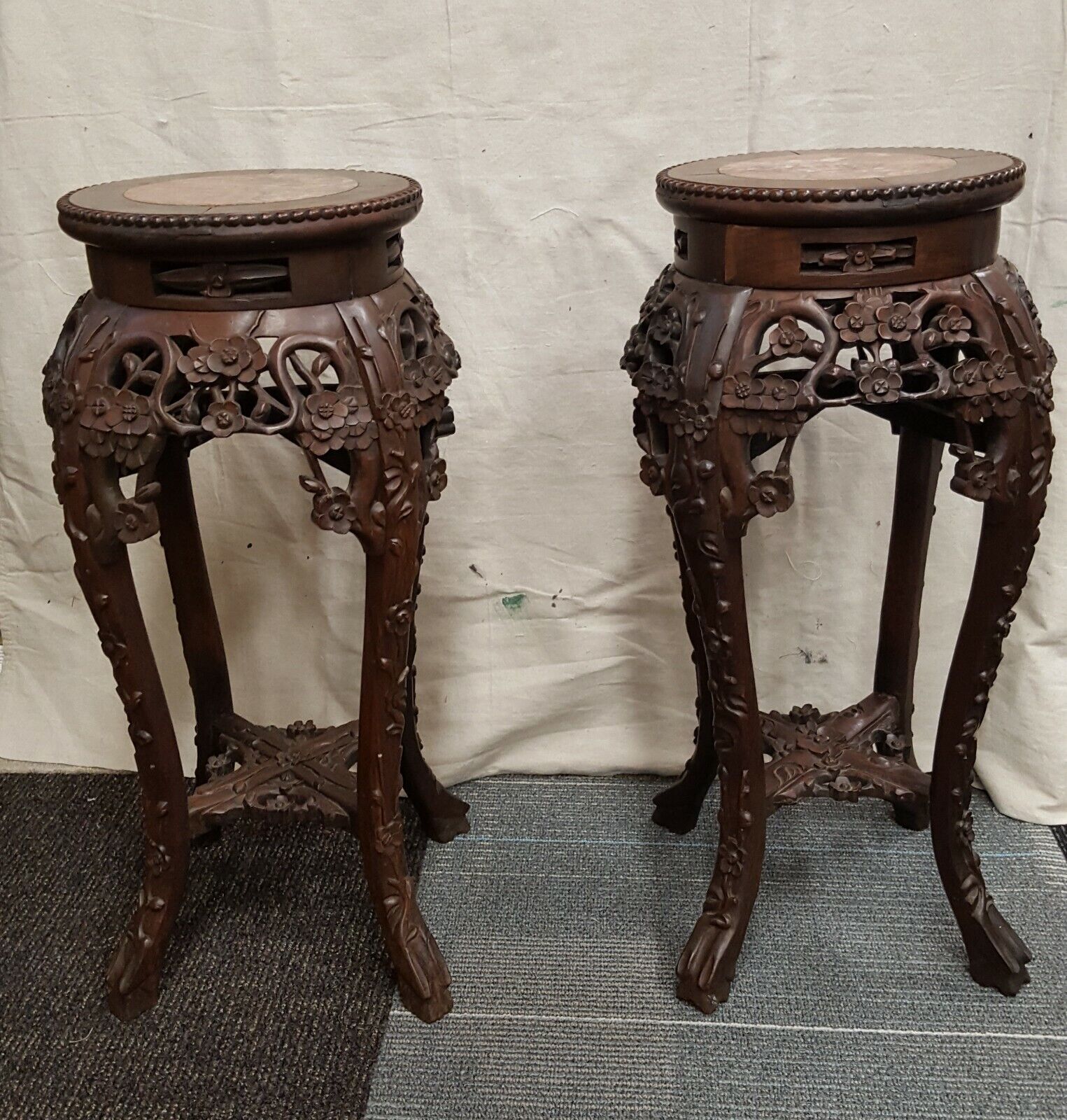 Pair Of Antique Chinese Carved Rosewood Marble Top Plant Stands/Side Tables  | Ebay Inside Carved Plant Stands (View 4 of 15)
