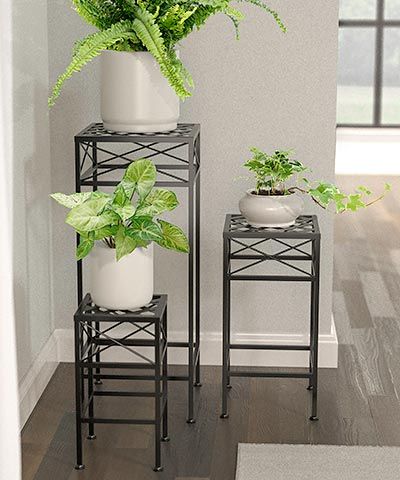 Panacea Cross Hatch Square Plant Stands, Black, Set Of 3 At Bestnest For Iron Square Plant Stands (View 10 of 15)