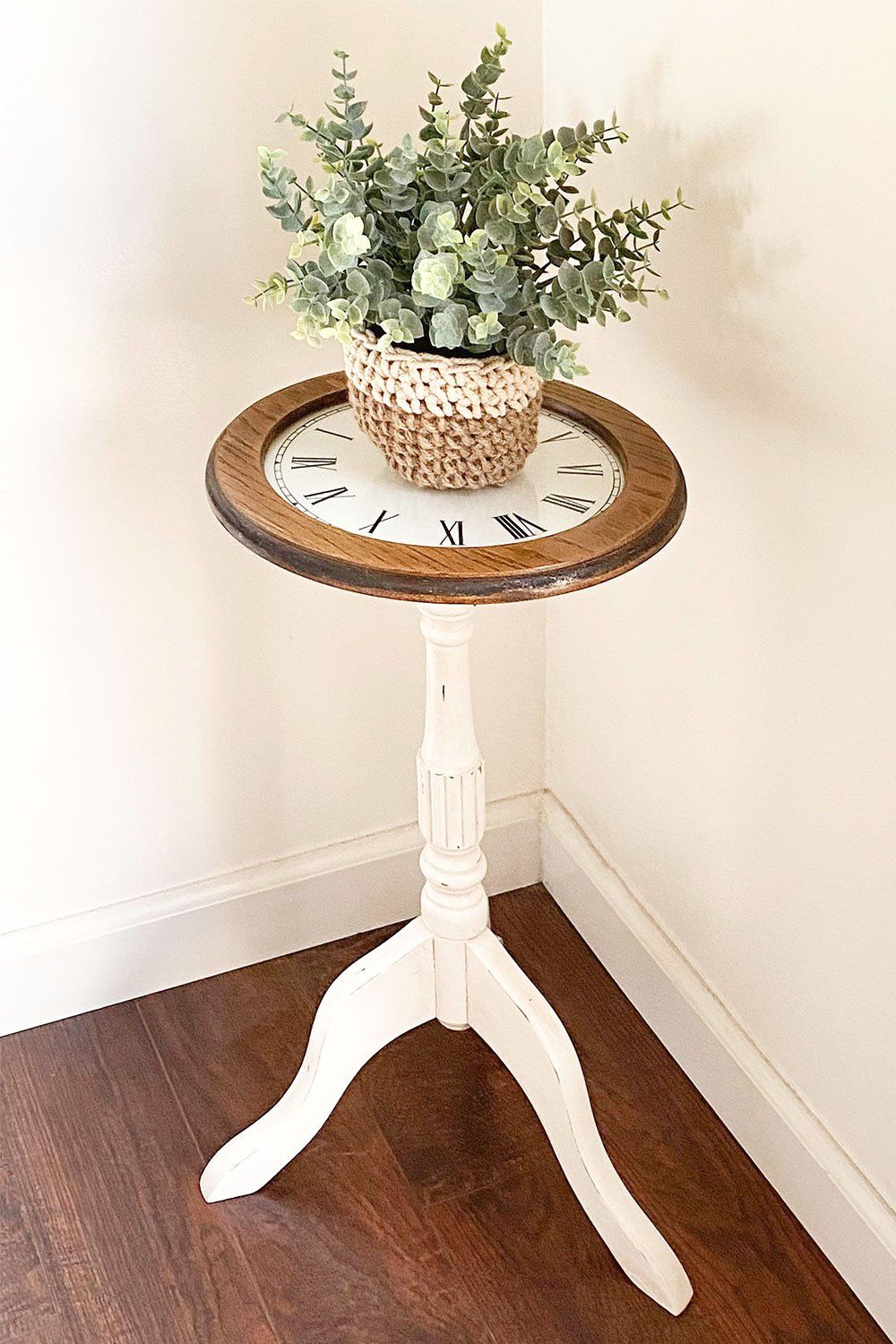 Refinished Wood Plant Stand With A Diy Vinyl Clock Tabletop – Pertaining To Painted Wood Plant Stands (View 2 of 15)