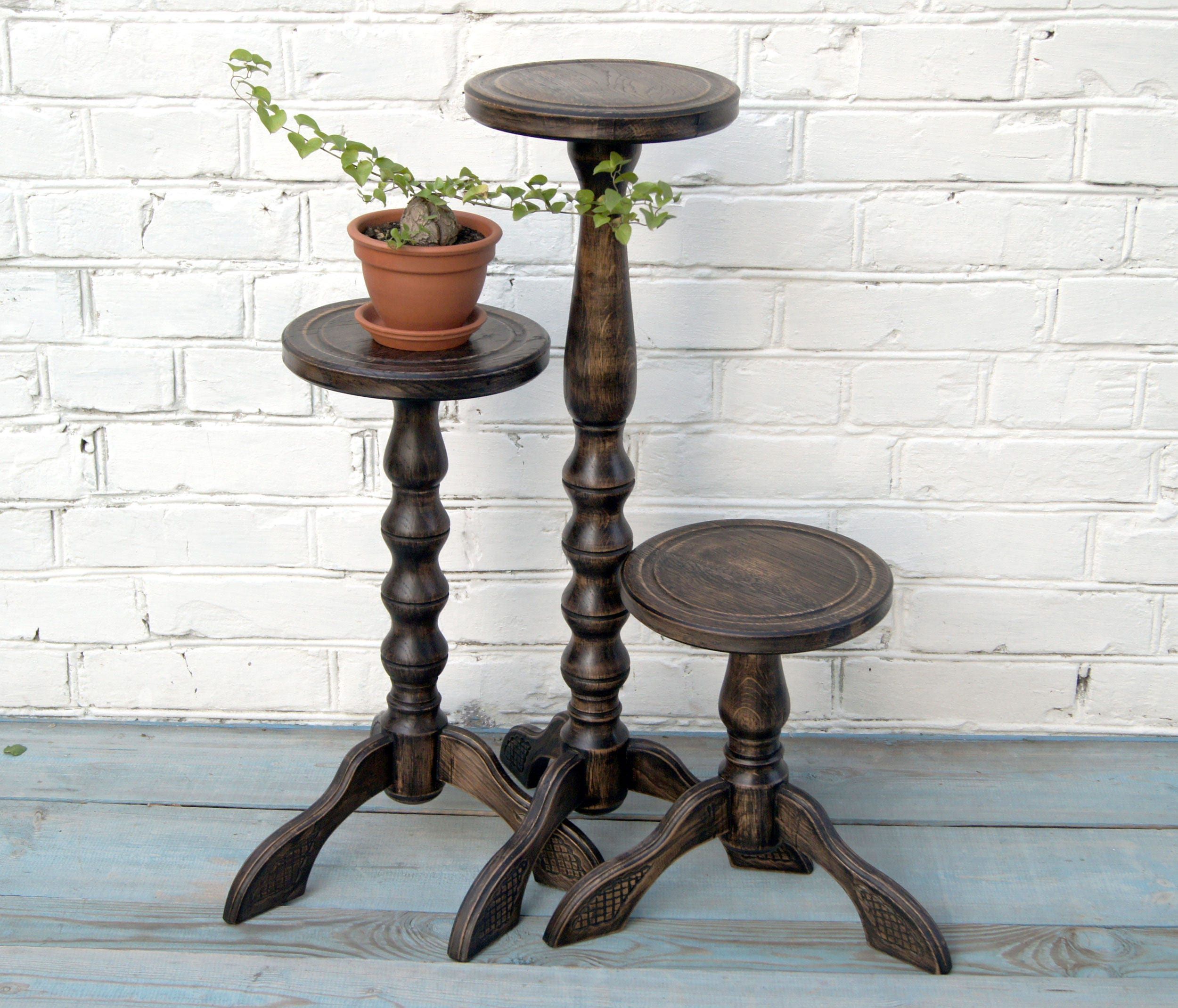 Set 3 Wooden Plant Stands Indoor Pedestal Planter Stand Oak – Etsy Within Pedestal Plant Stands (View 2 of 15)